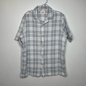 Folk Clothing Plaid Linen Cotton Shirt Men’s 4 Blue  Short Sleeve